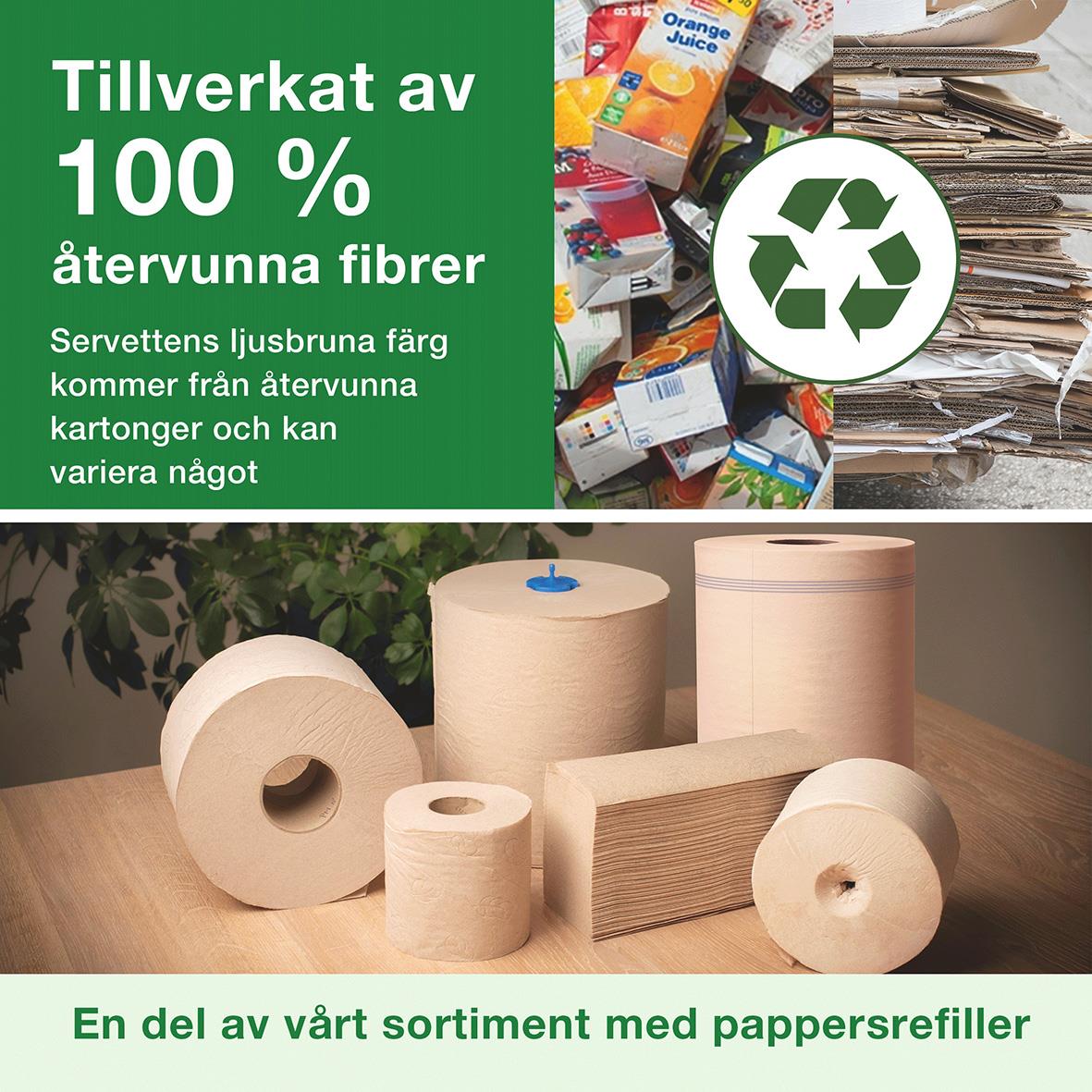 Torkrulle Tork M4 Reflex Plus 1-lag Natur 198mmx150m, miljövänlig, tillverkad av återvunna fibrer, visar papper och återvinningssymbol.