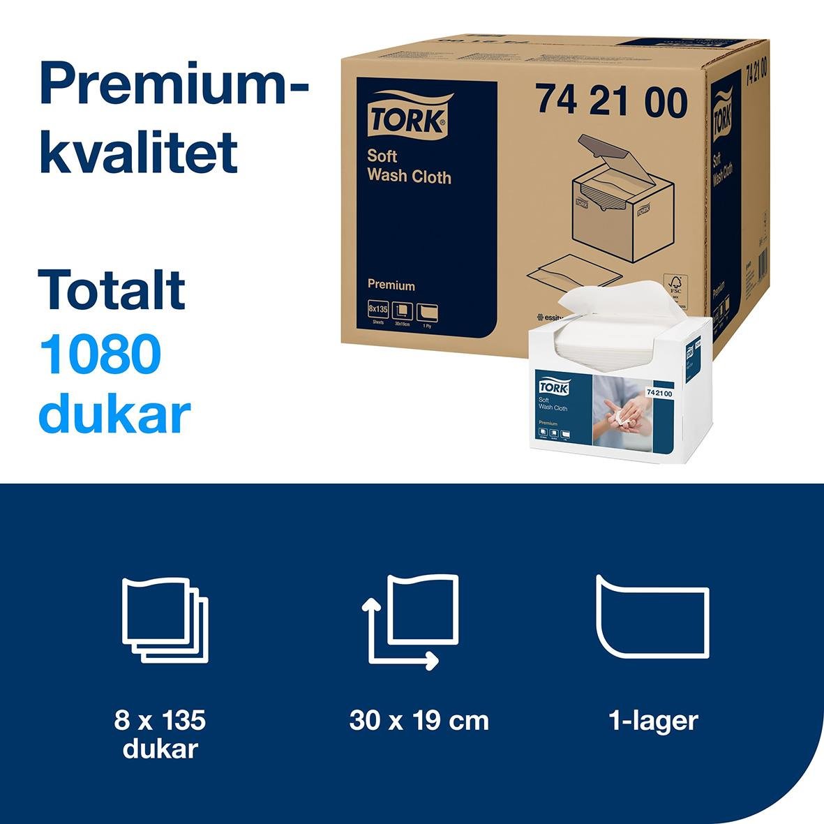Tvättlapp Tork Premium 1-lag vit 30x19cm för rengöring, i förpackning med 1080 dukar