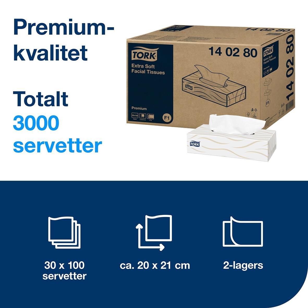 Förpackning med 3000 Tork F1 Premium ansiktsservetter i två lager, 30x100 servetter per paket, ca 20x21 cm