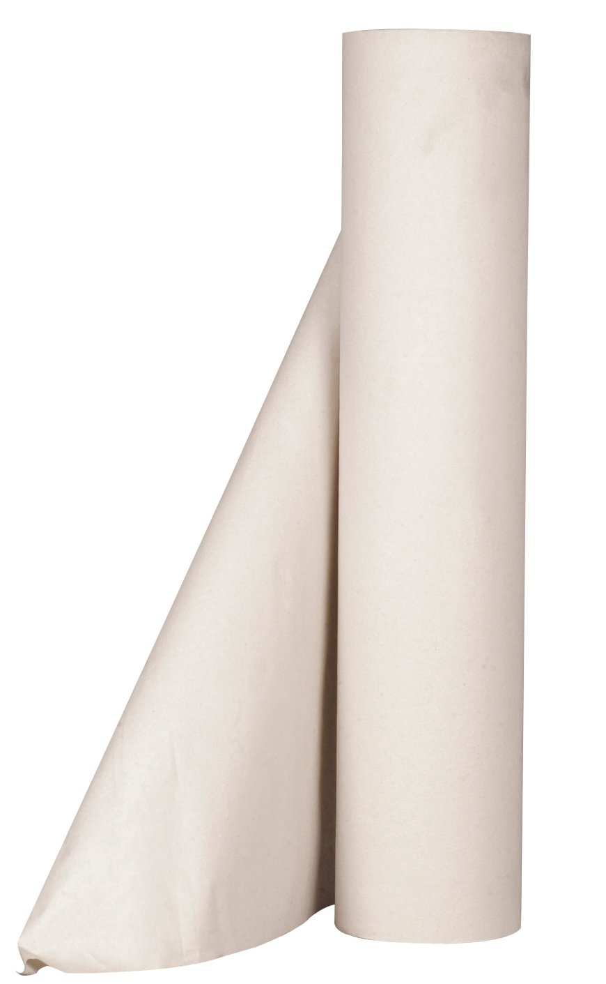 En stor rulle av naturfärgad returfiber underläggsduk, 60cm bred och 195m lång, för olika användningsområden.