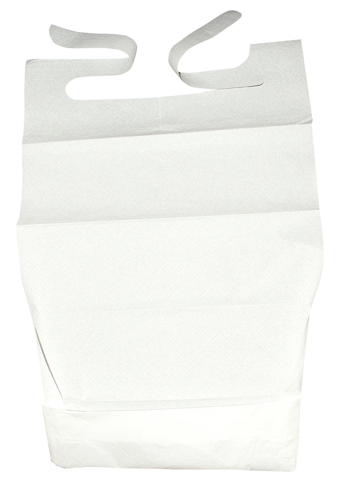 Vit plastad haklapp med knytband, mått 37x70 cm, baksida