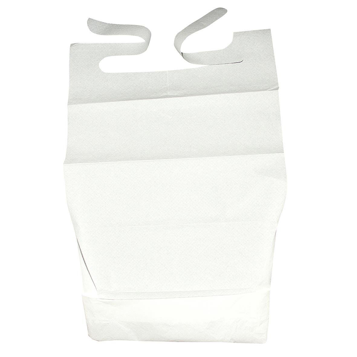Vit plastad haklapp med knytband, mått 37x70 cm, baksida