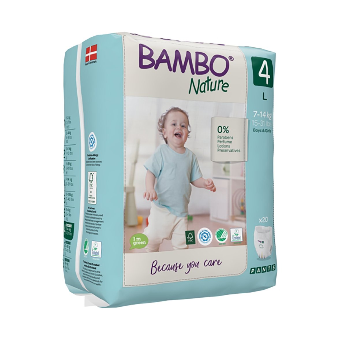 " förpackningar Bambo Training Pants för barn i storlekarna 4, 5 och 6, med bilder av glada barn på förpackningarna"