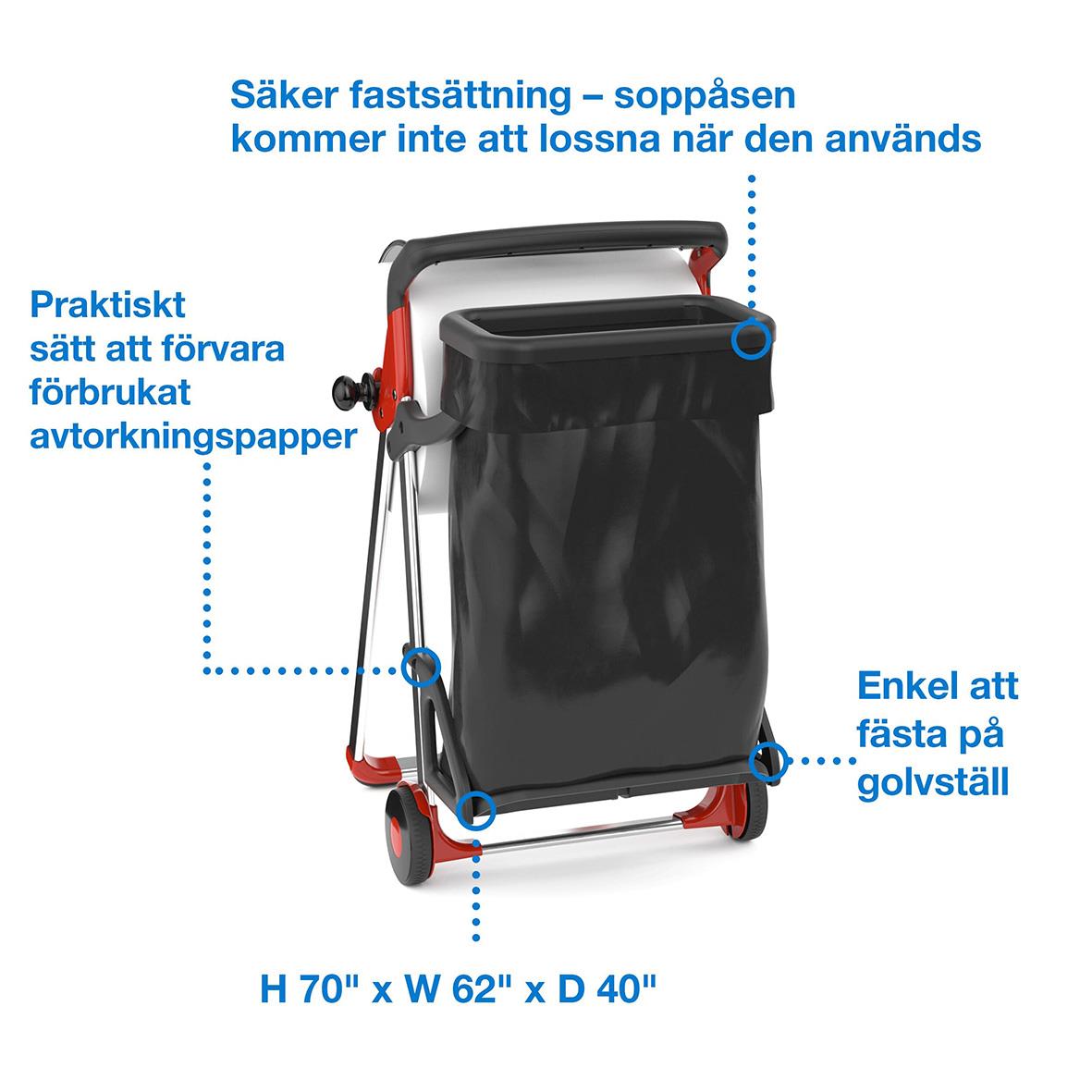 Svart sopsäckhållare Tork W1 för golvställ, praktisk förvaring av avfallspapper, enkel att fästa på golvstativ, mått 70x62x40 tum