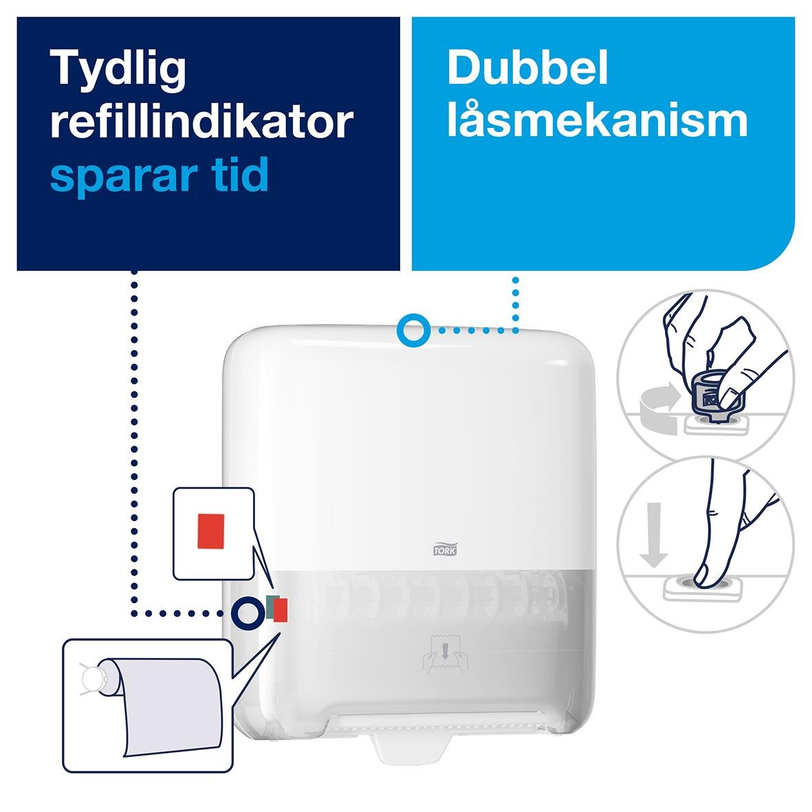 Vit pappershanddukstork med dubbel låsmekanism och refillindikator