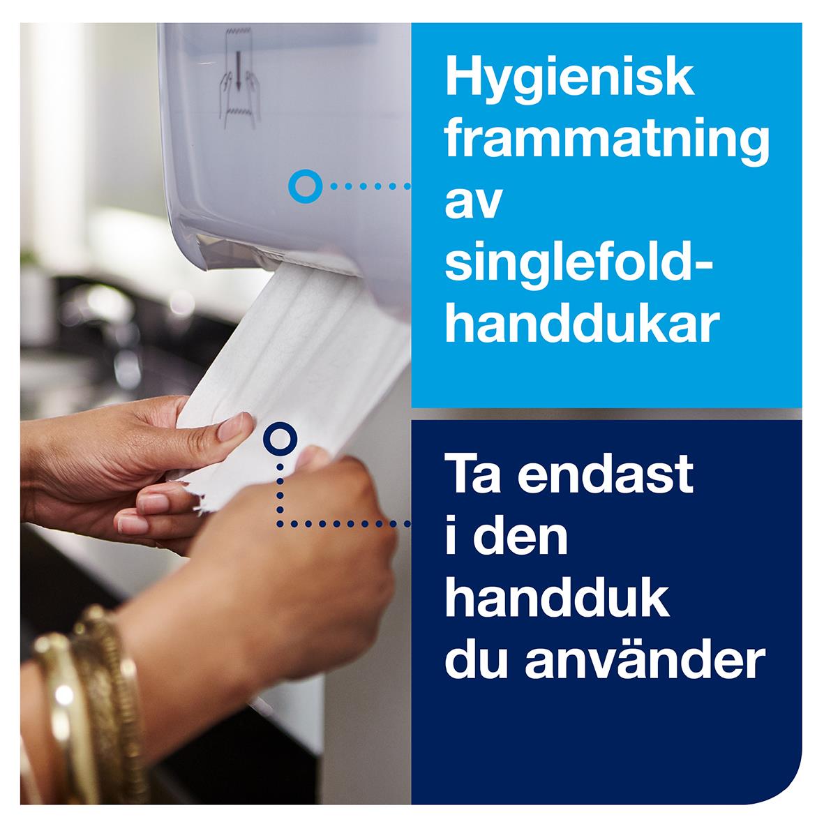 Hygienisk dispenser för pappershanddukar, enkel att använda, visar hur man tar en handduk