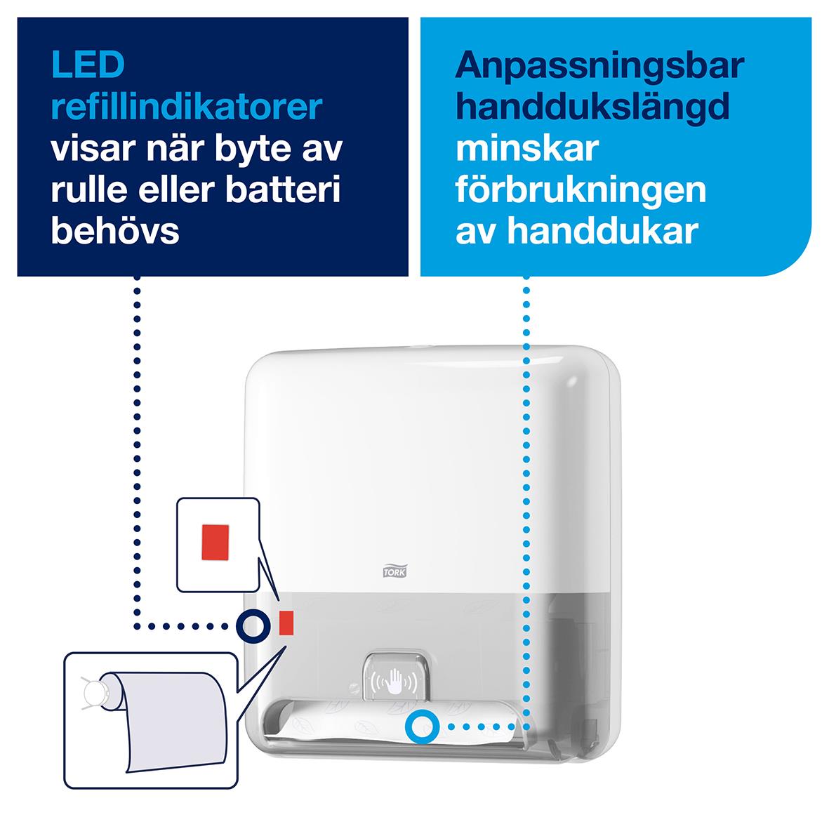 Vit automatisk pappershandduk dispenser med LED refillindikator och justerbar handdukslängd