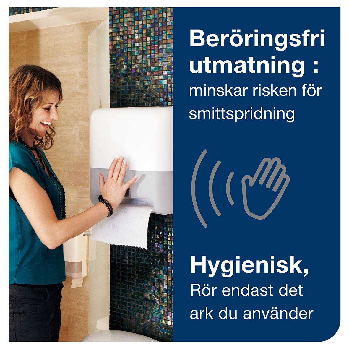 Vit automatisk pappershandduk dispenser på rulle, hygienisk användning, minskar smittspridning, beröringsfri utmatning