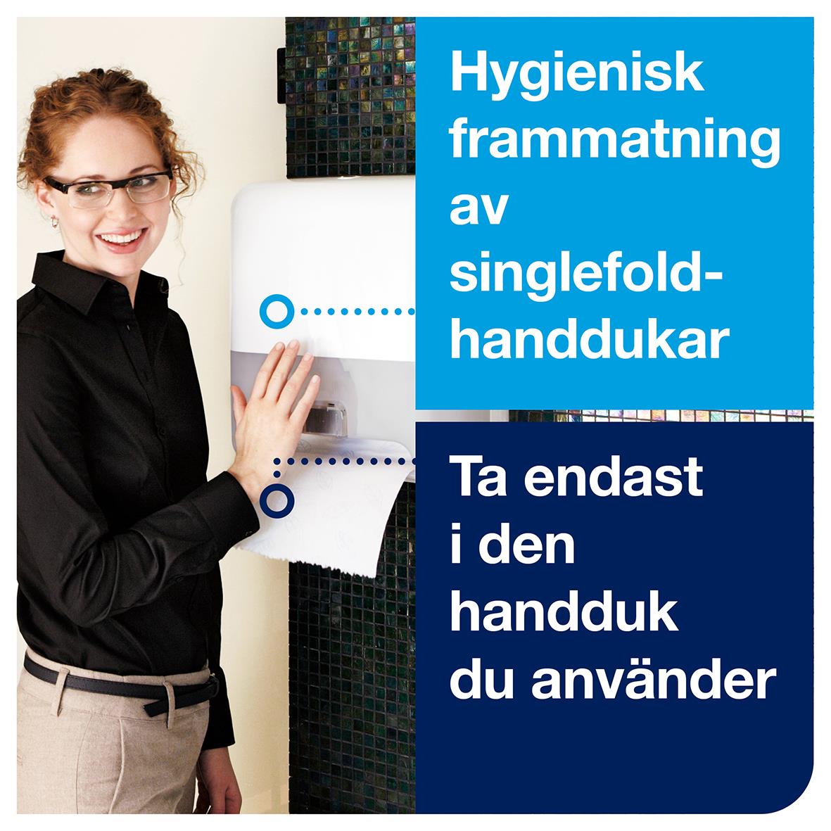 Vit automatisk pappershanddukspersonal dispenser med hygienisk enkel foldning och instruktion att ta endast den handduk du använder