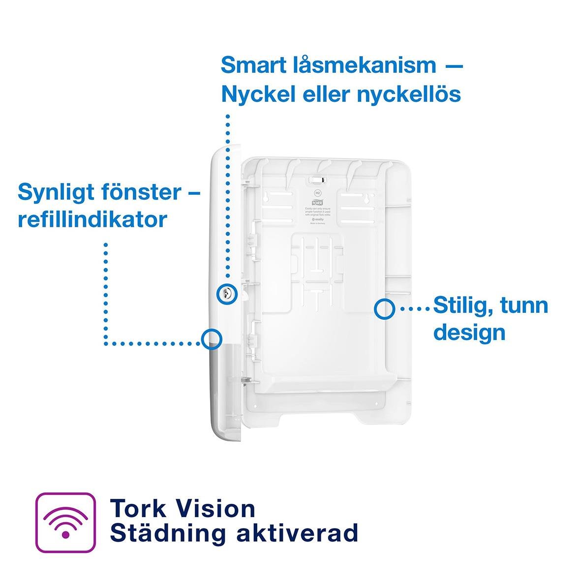 Vit pappershanddukdispenser med smart låsmekanism, synligt fönster för refillindikator och tunn, stilren design