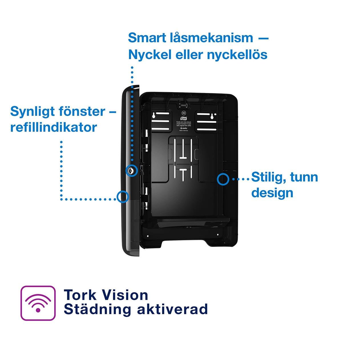 Svart dispenser för pappershanddukar Tork H2 Multifold med smart lås och tydlig fönster för refillindikator