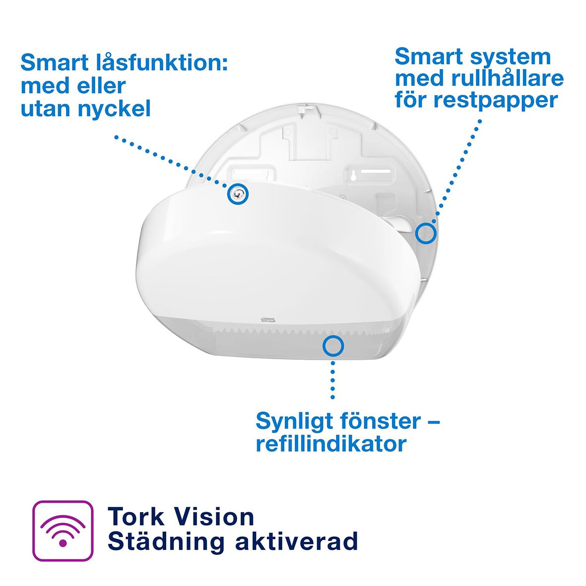 Vit Tork T1 Jumbo toalettpappersdispenser med smart lås och refillerindikator