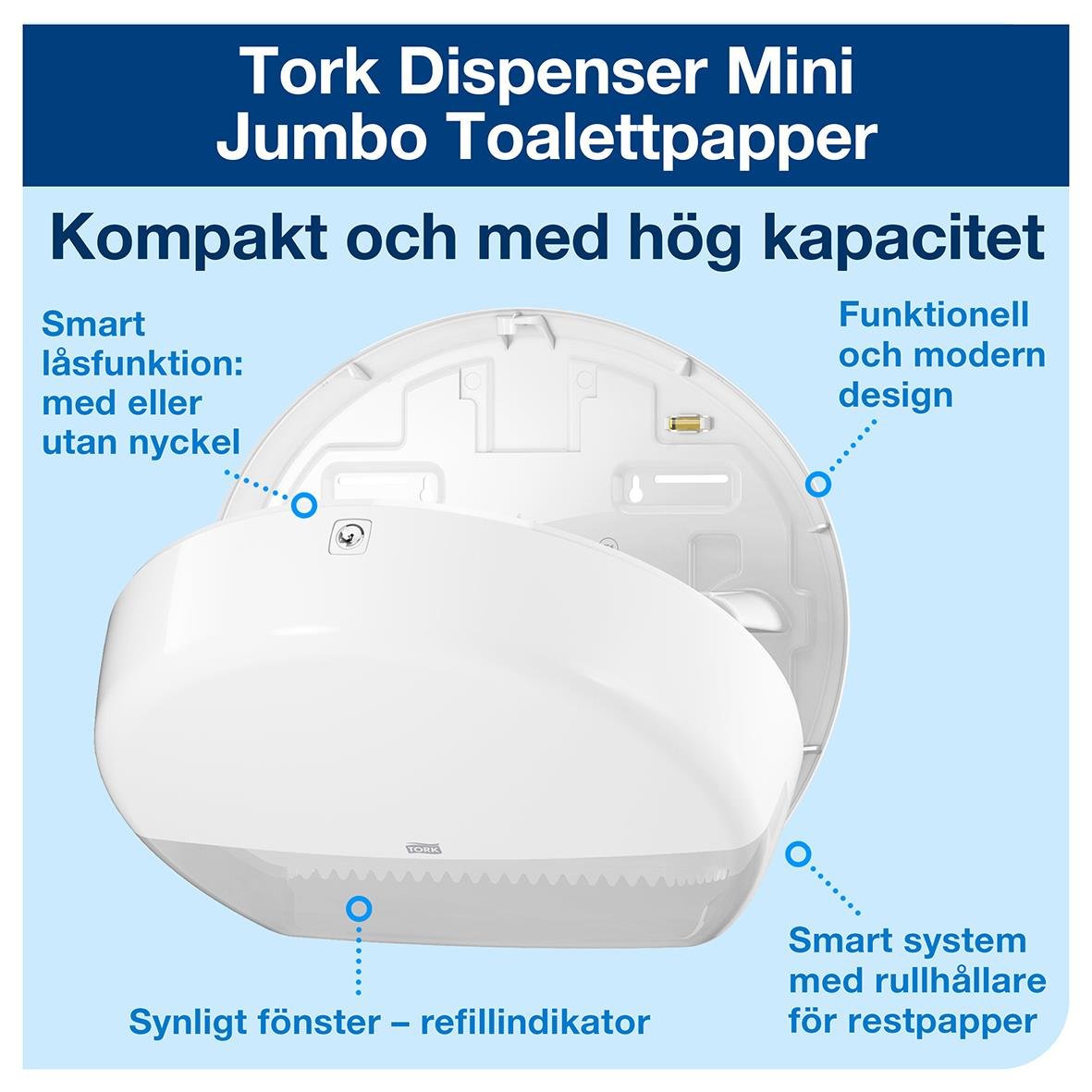 Vit Tork Mini Jumbo toalettpappersdispenser med smart lås och refillerindikator, kompakt design och smart system för restpapper