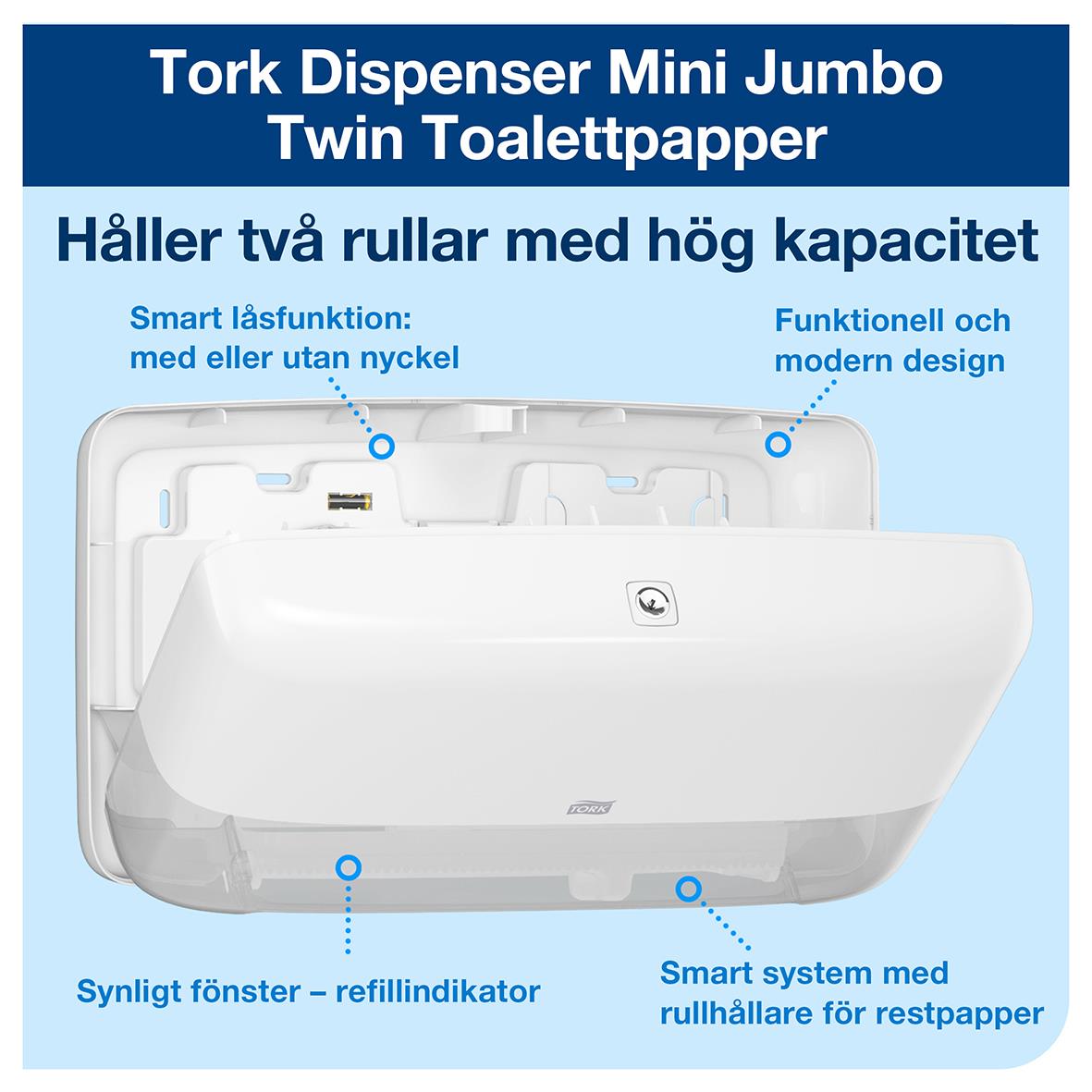 Vit Tork Dispenser Mini Jumbo Twin toalettpapper med modern design och hög kapacitet, synligt fönster och smart låsfunktion