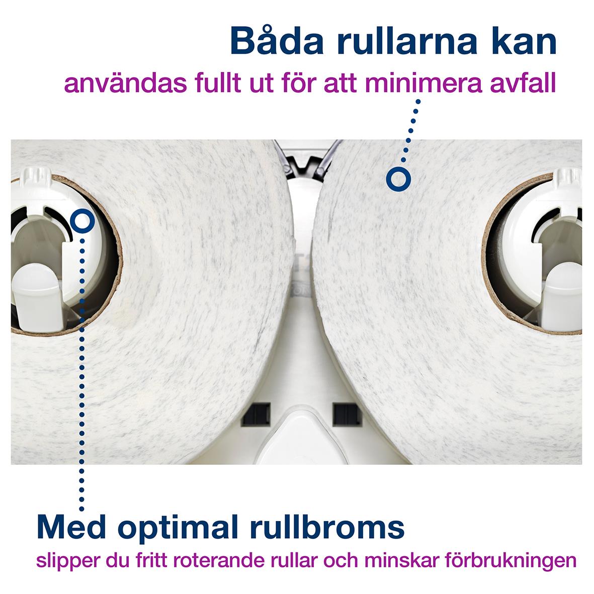 Två vita toalettpappersrullar i dispenser med text om att båda rullarna kan användas fullt ut och har optimala rullbromsar
