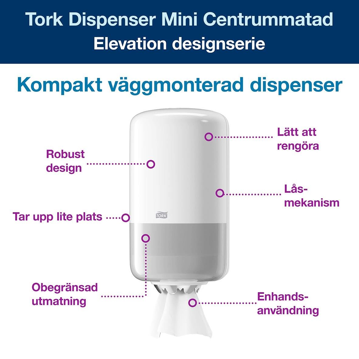 Vit väggmonterad dispenser för Torkrulle M1 med robust design och låsmechanism, lätt att rengöra och använda, tar liten plats