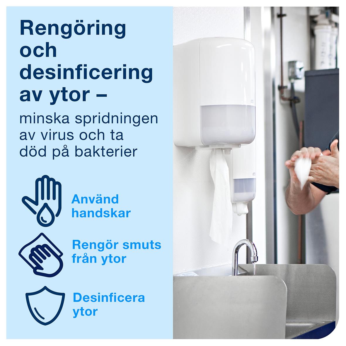 Vit dispenser för Torkrulle Tork M2 centrummatad för desinfektion och rengöring av ytor