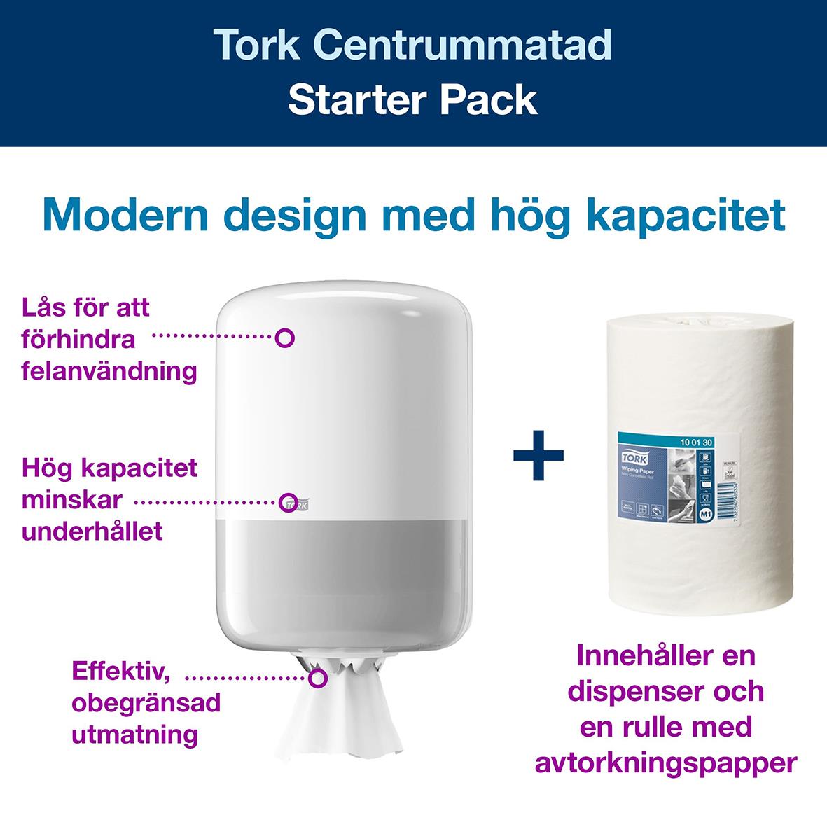 Modern dispenser för Torkrulle Tork M2 Starterpack i vitt med högt kapacitet och design för effektiv användning