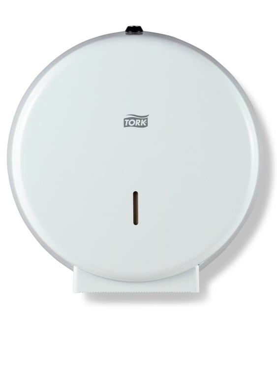 Vit metalltoalettpappersdispenser Tork T1 Jumbo med lock