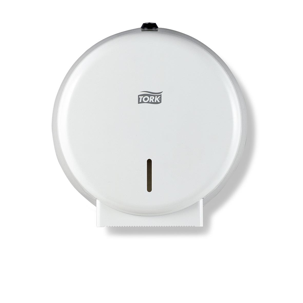 Vit metalltoalettpappersdispenser Tork T2 Mini Jumbo med lock
