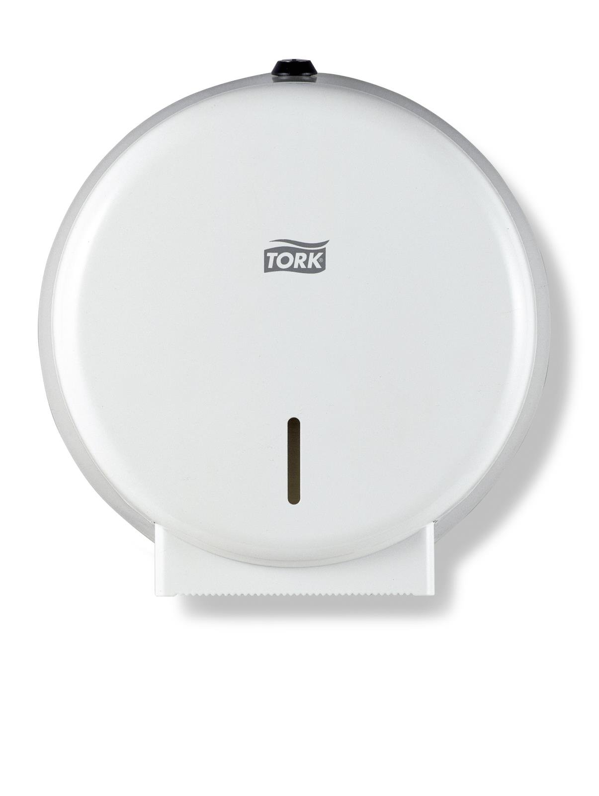 Vit metalltoalettpappersdispenser Tork T2 Mini Jumbo med lock