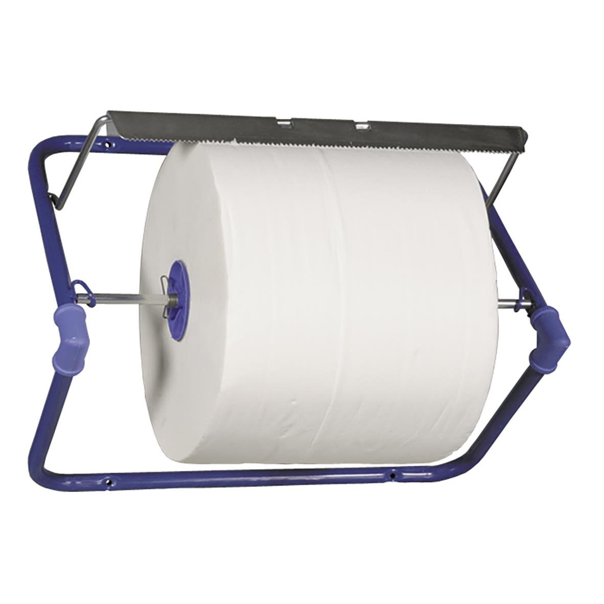 Väggmonterad blå torkrullställning med industrirulle