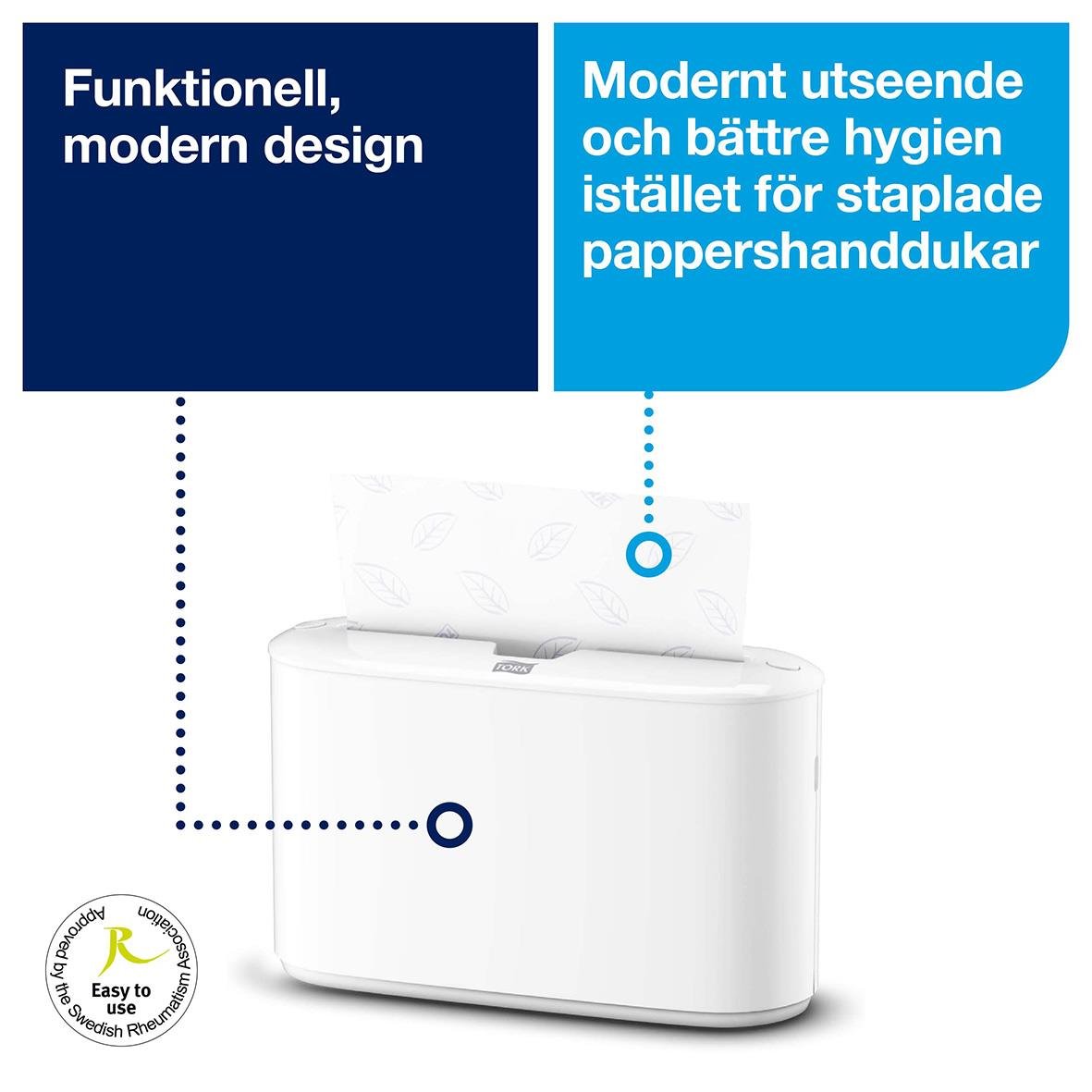 Vit fristående pappershanddukstork med modern design och funktionell, hygienvänlig utformning