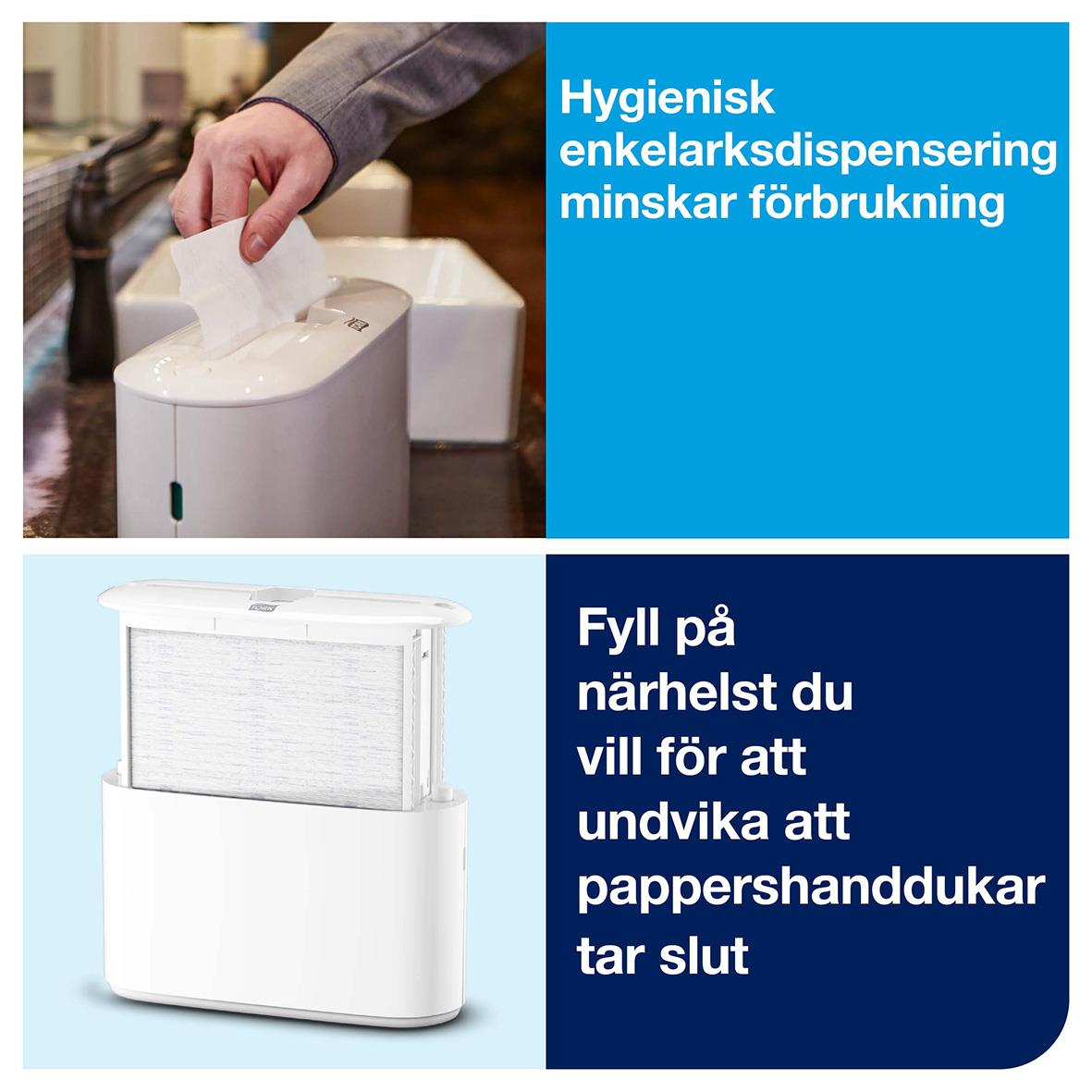 Vit dispenser för pappershanddukar Tork H2 Multifold, hygienisk och självhäftande, för att undvika pappersavfall