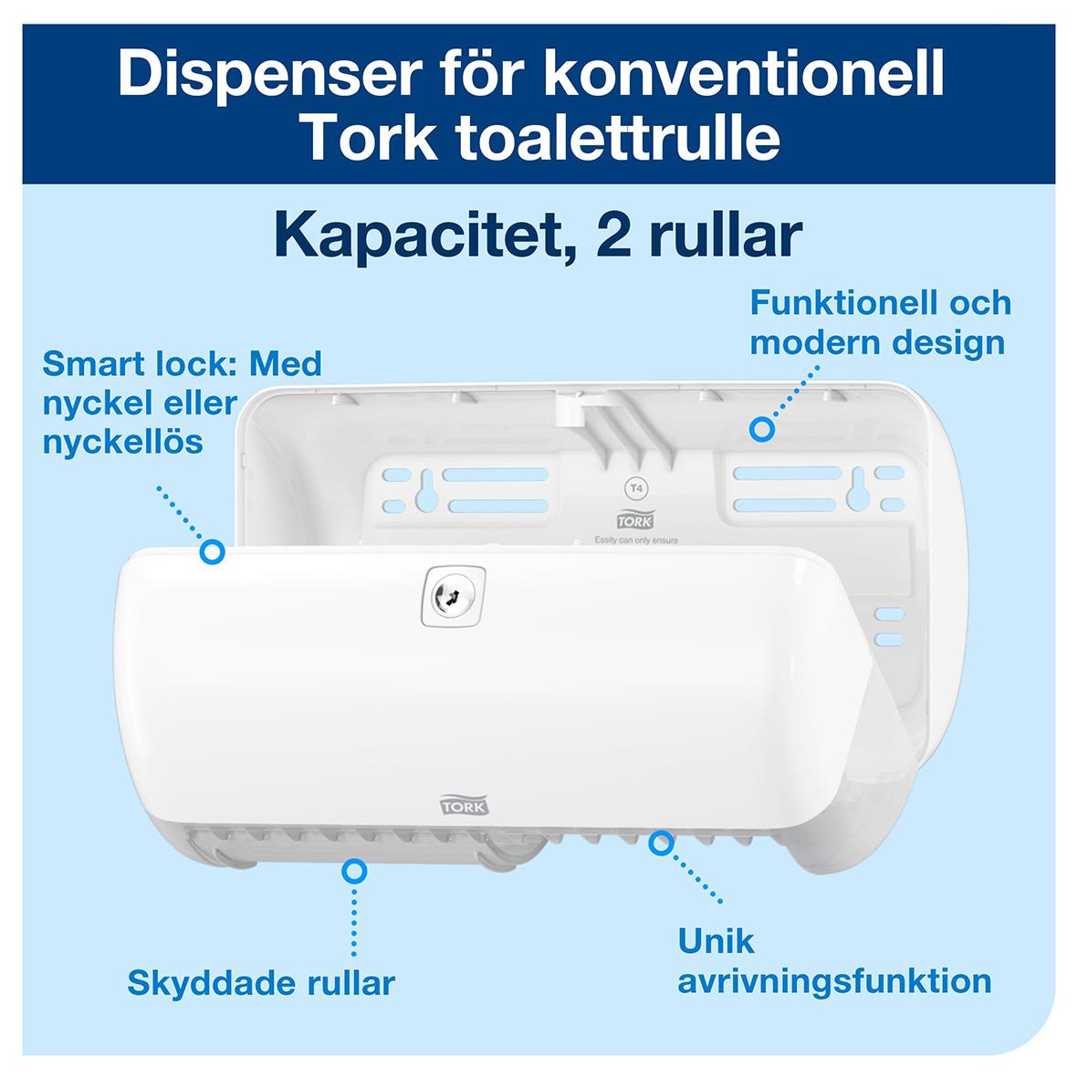 Dispenser för konventionell Tork toalettpapper T4 Twin med två små vita rullar och modern design