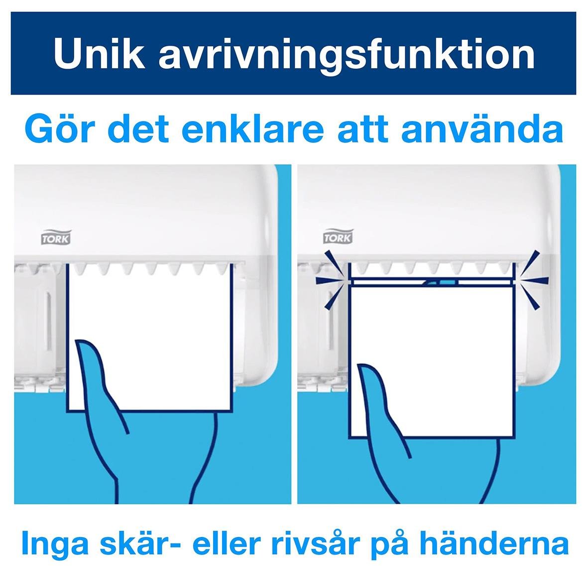 Dispenser för toalettpapper Tork T4 Twin med små vita rullar och enkel avrivningsfunktion