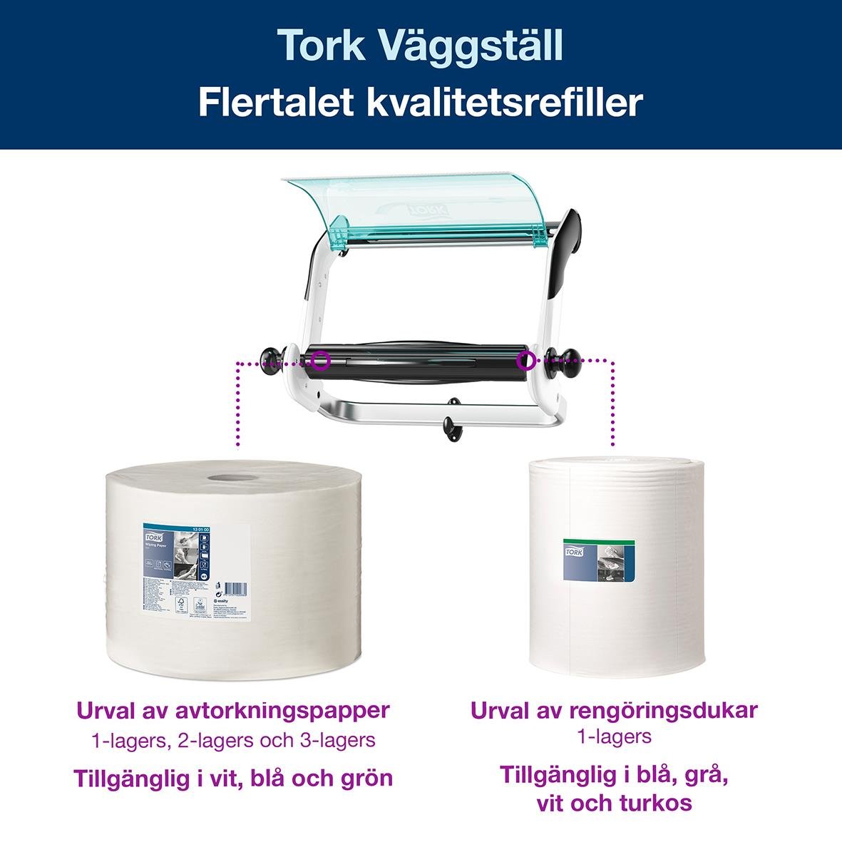 Väggmonterad torkrullställning i turkos och vitt med hållare för papper och rengöringsdukar