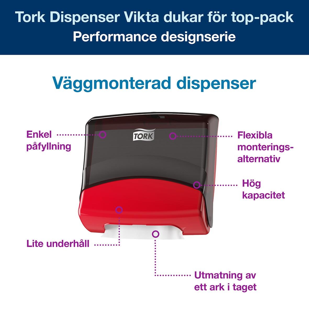 Väggmonterad dispenser för rengöringsdukar i rött och svart med flexibla monteringsalternativ och hög kapacitet