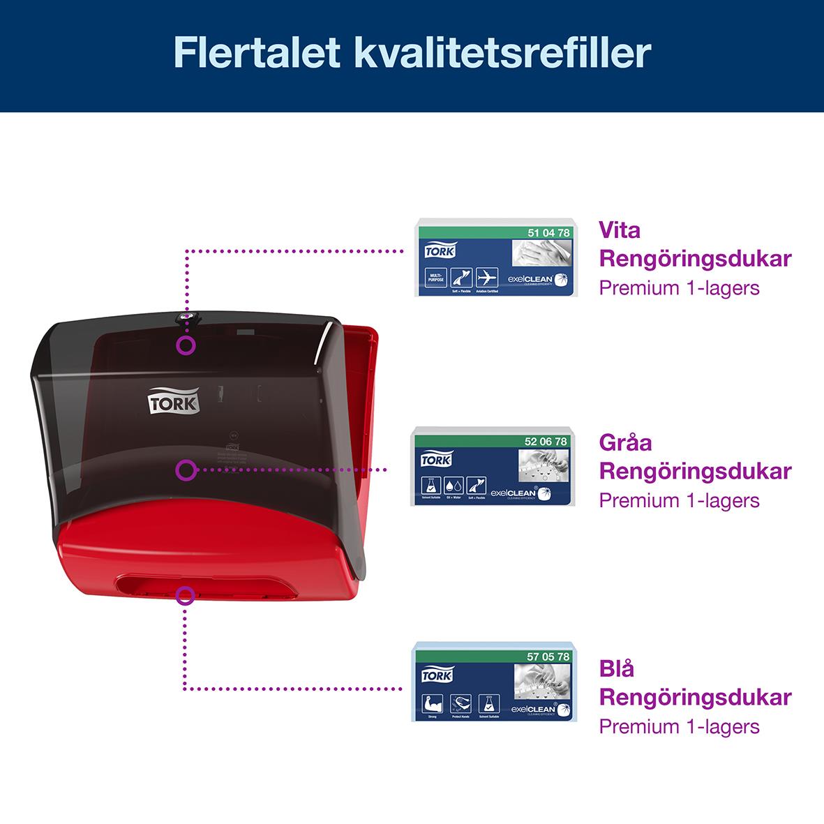 Dispenser för rengöringsdukar i rött och svart med tre olika refillalternativ för vita, gröna och blå rengöringsdukar