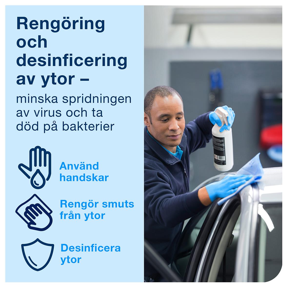 Man använder rengöringsduk och spray för desinfektion av ytor i bilmiljö