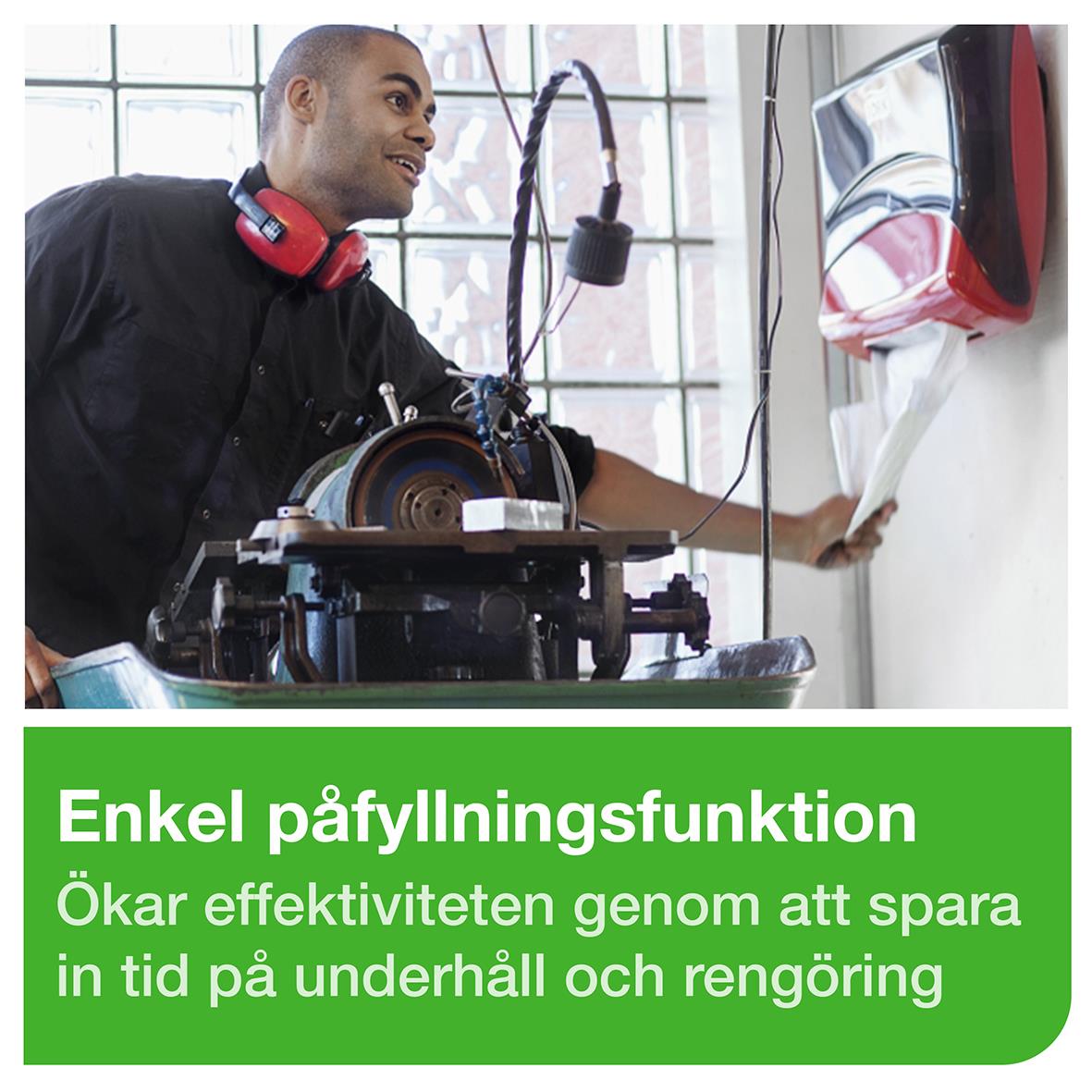 Man använder dispenser för rengöringsduk på vägg, med text om enkel påfyllning och effektivitet