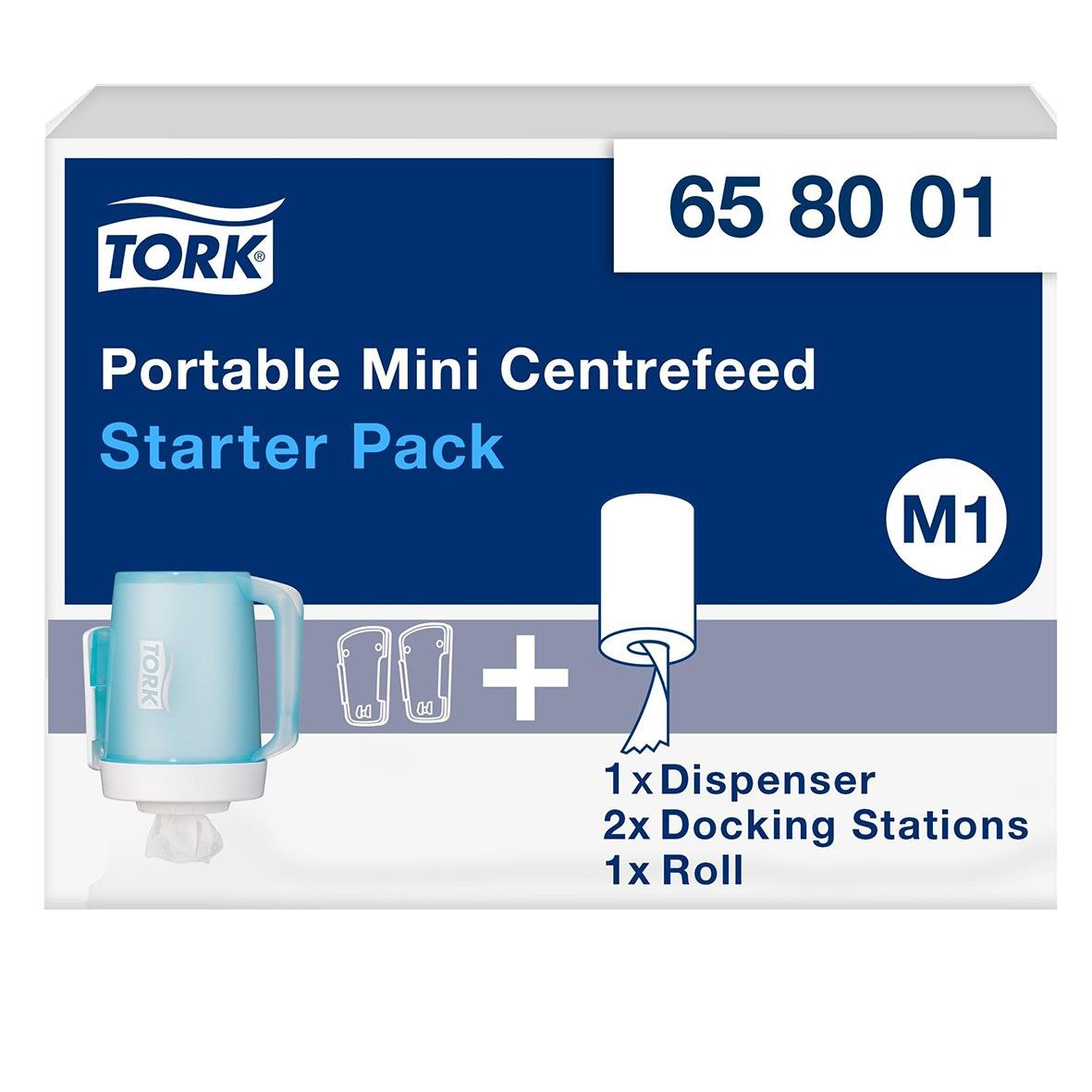 Portabel mini centraltork dispenser med turkos färg, ingår dispenser, två dockningsstationer och rulle