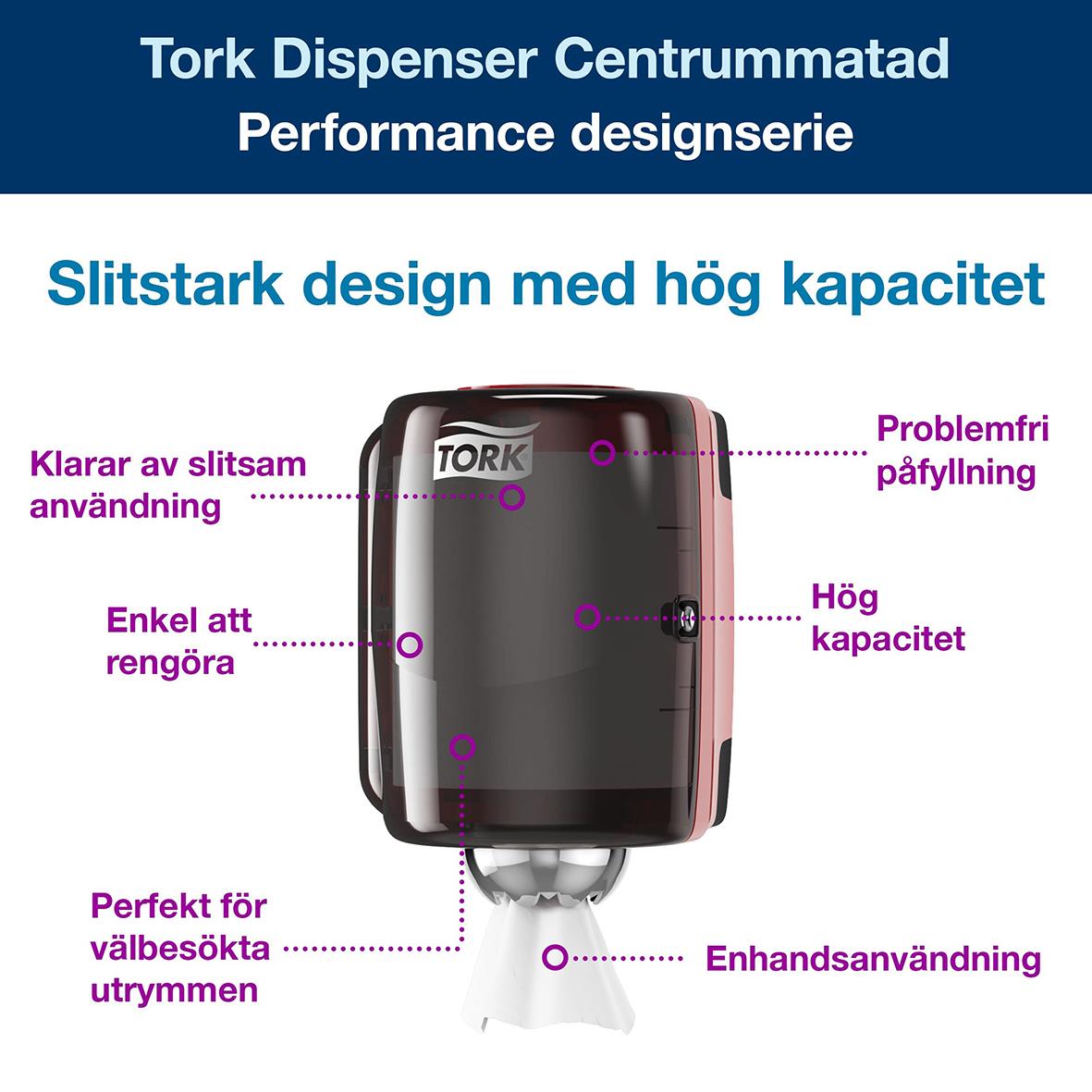 Torkdispenser för centrummatad torkrulle i rött och svart med hög kapacitet och slitstarkt design