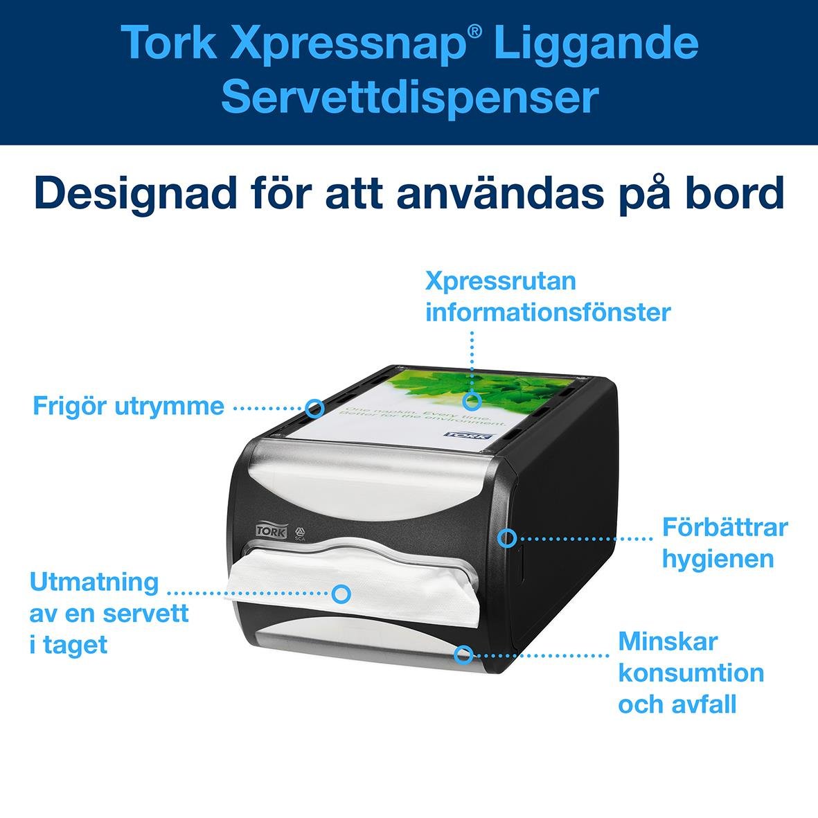 Svart servettdispenser Tork Xpressnap N4 liggande design för bord, med informationsfönster och hygienförbättring