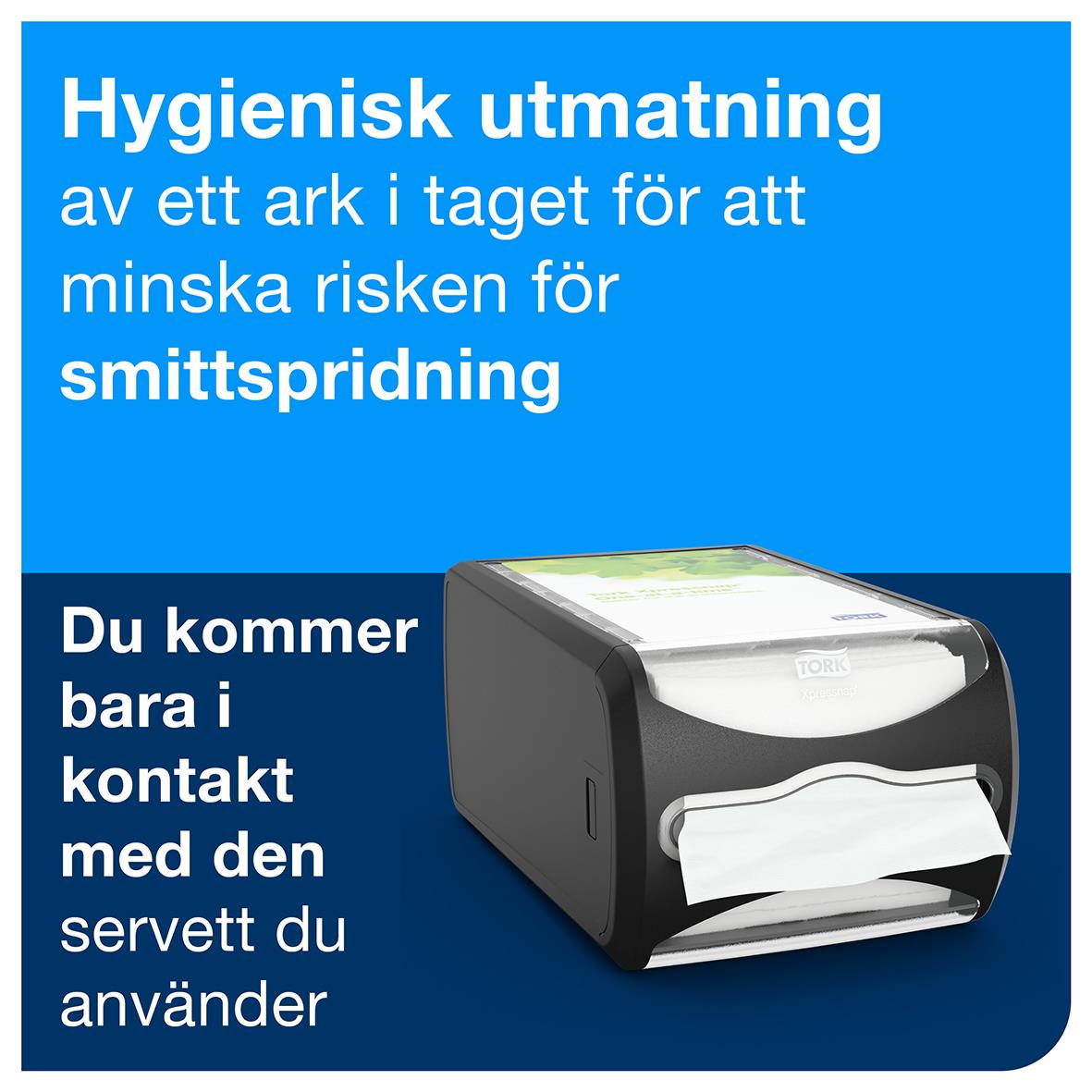 Svart servettdispenser Tork Xpressnap N4 liggande för hygienisk servettutdelning