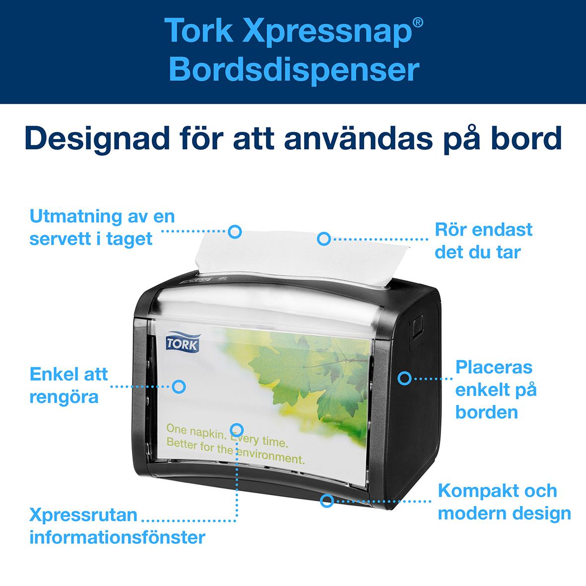 Svart servettdispenser Tork Xpressnap N4 för bord, kompakt design, enkel att rengöra och placera på bordet.