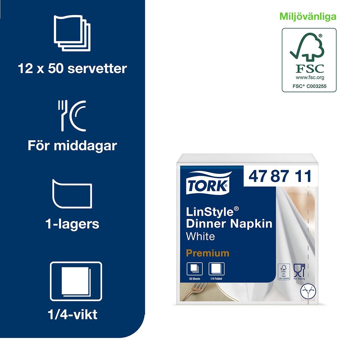 Servett Tork LinStyle Vit 39x39cm, 12x50 servetter för middagar, 1-lagers, 1/4-vikt, FSC-märkt