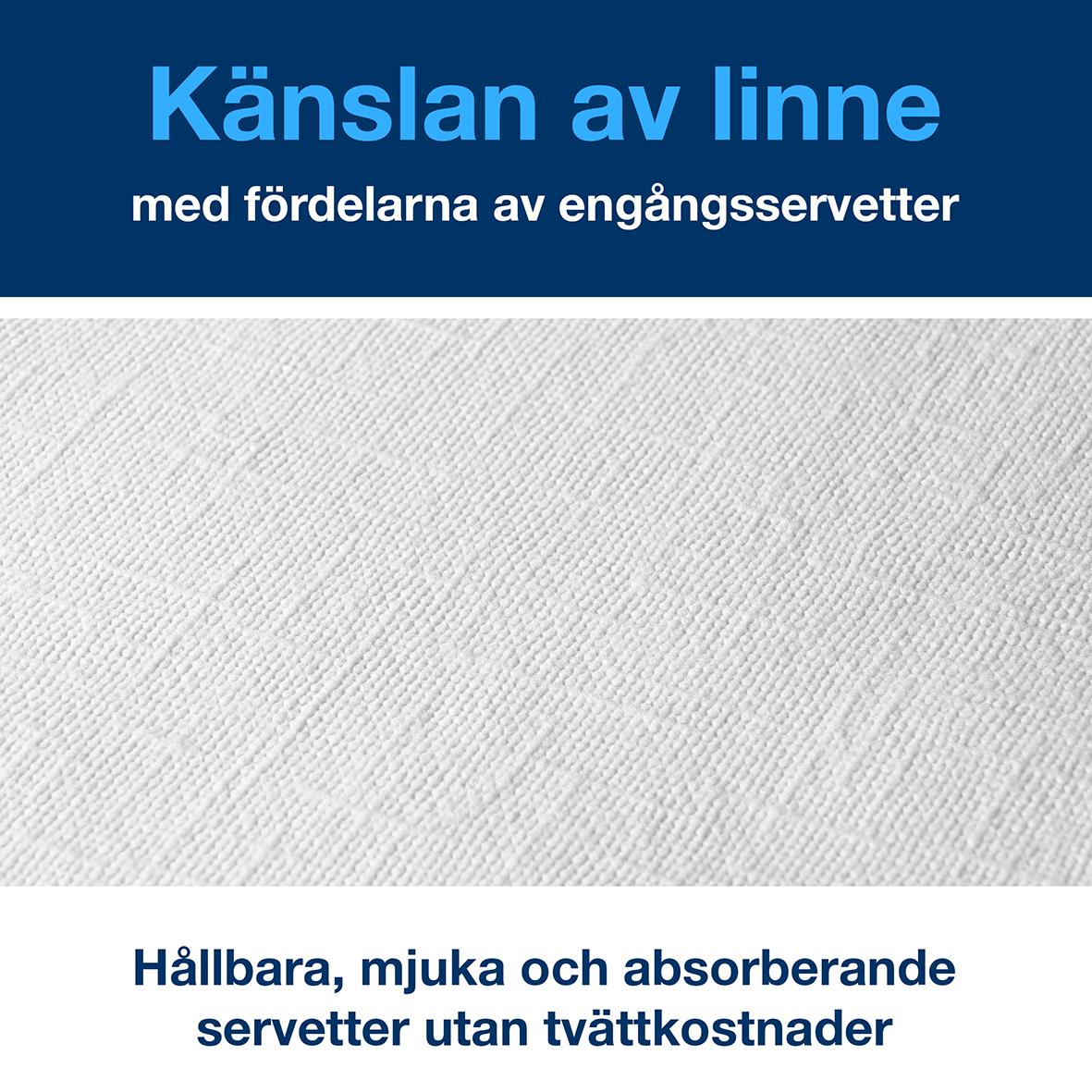 " servett i linne med text om fördelar, hållbar, mjuk och absorberande, 39x39cm"