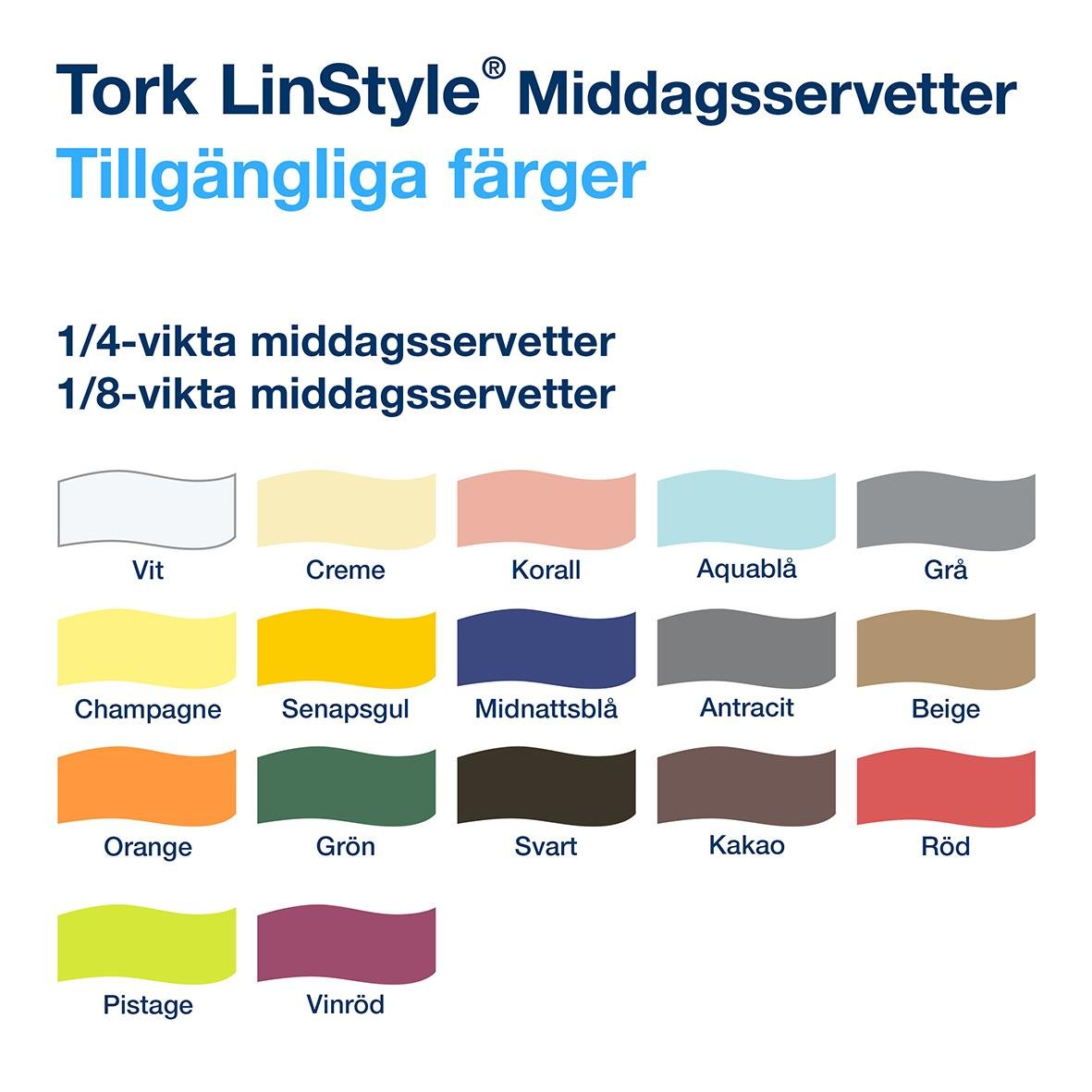 Servett Tork LinStyle Vit 39x39cm med tillgängliga färger som vit, creme, korall, aquablå, grå, champagne, senapsgul, midnattsblå, antracit, beige, orange, grön