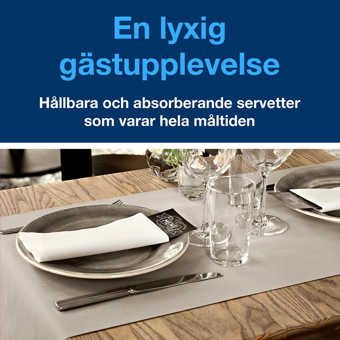 Hållbar och absorberande servett i linstil, vit, 39x39cm, på dukad bord
