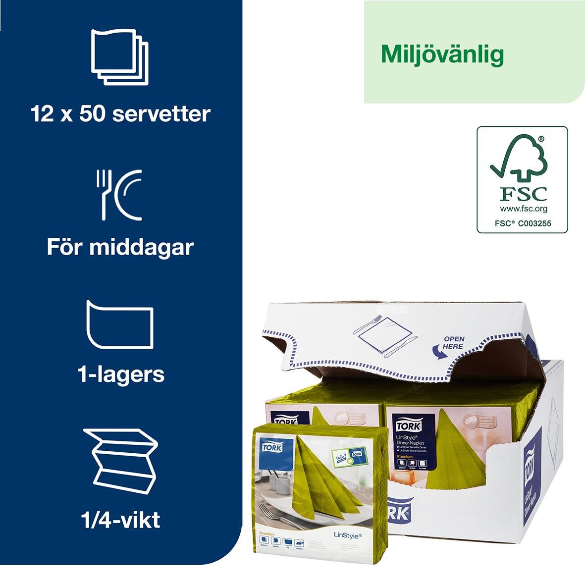 Servett Tork LinStyle Pistage 39x39cm för middagar, 12x50 servetter, miljövänlig, FSC-märkt, i förpackning