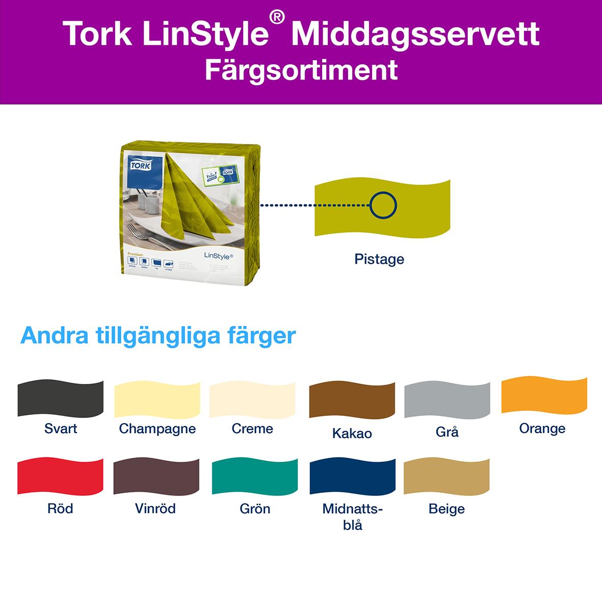 Servett Tork LinStyle Pistage 39x39cm med pistagefärgad servett och tillgängliga färger som svart, champagne, creme, kakao, grå, orange, röd, vinröd, grön, midn