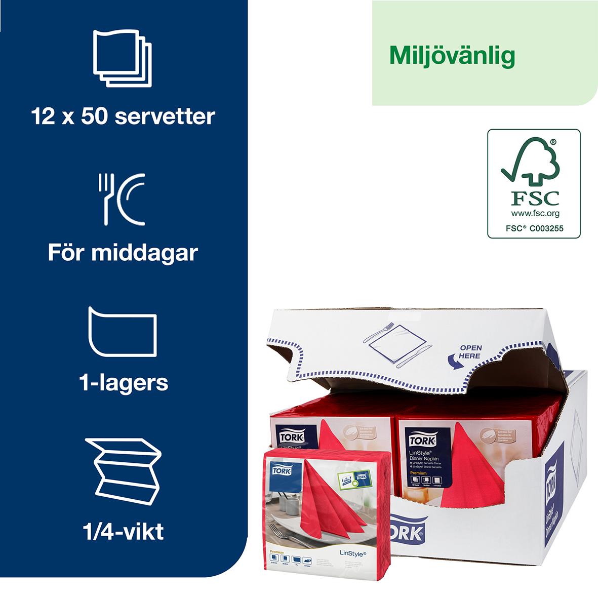Servett Tork LinStyle Röd 39x39cm för middagar, 12x50 servetter, miljövänlig, FSC-märkt, enkel att använda