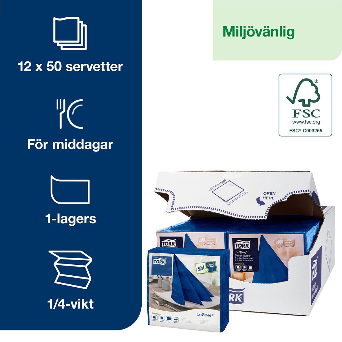 Blå servett Tork LinStyle 39x39cm för middagar, 12 paket med 50 servetter, miljövänlig och FSC-certifierad.