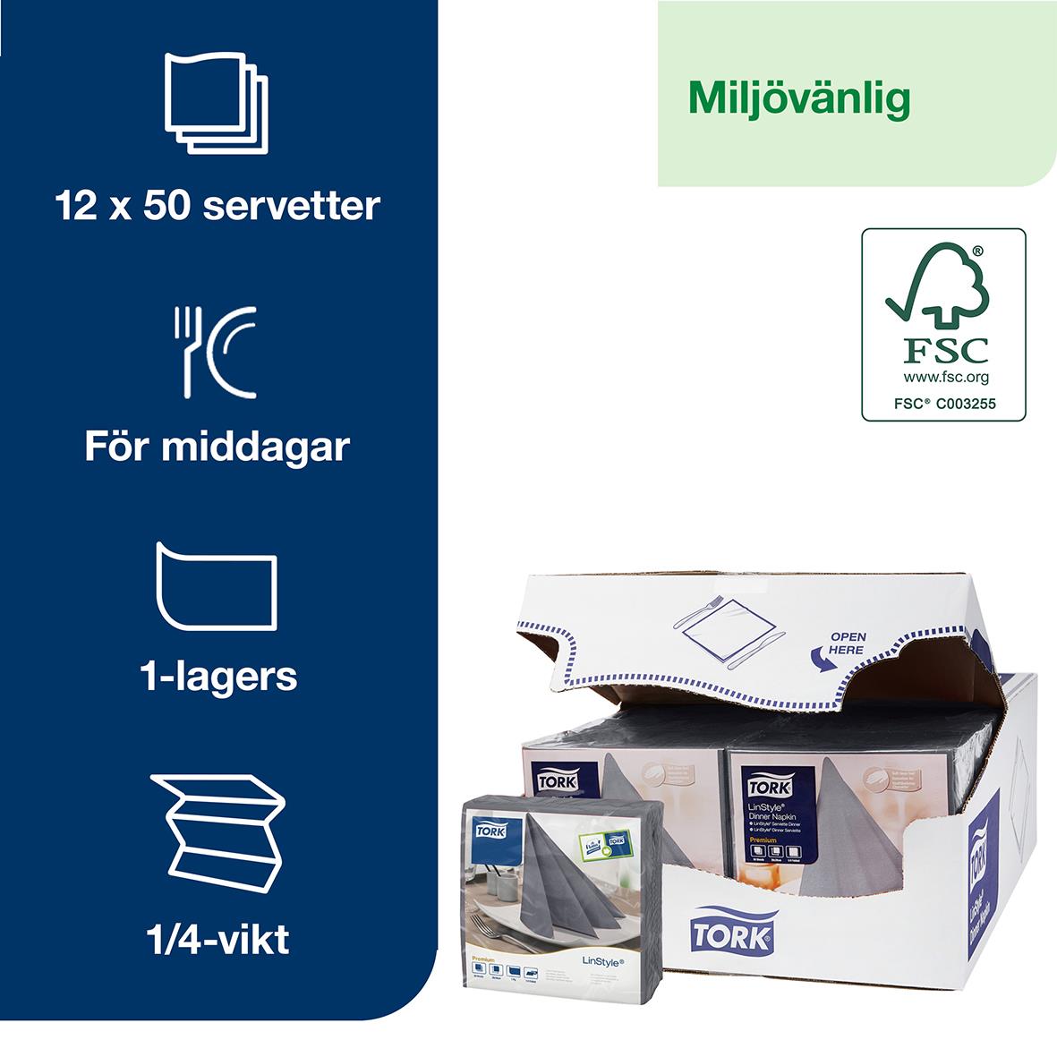 Servett Tork LinStyle Grå 39x39cm för middagar, 12x50 servetter, miljövänlig, FSC-märkt, 1-lagers, 1/4-vikt