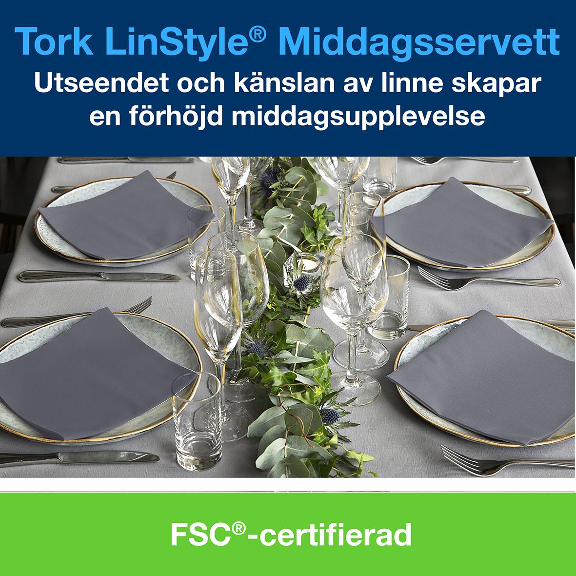 Servett Tork LinStyle Grå 39x39cm på fint dukat bord med glas och silverbestick